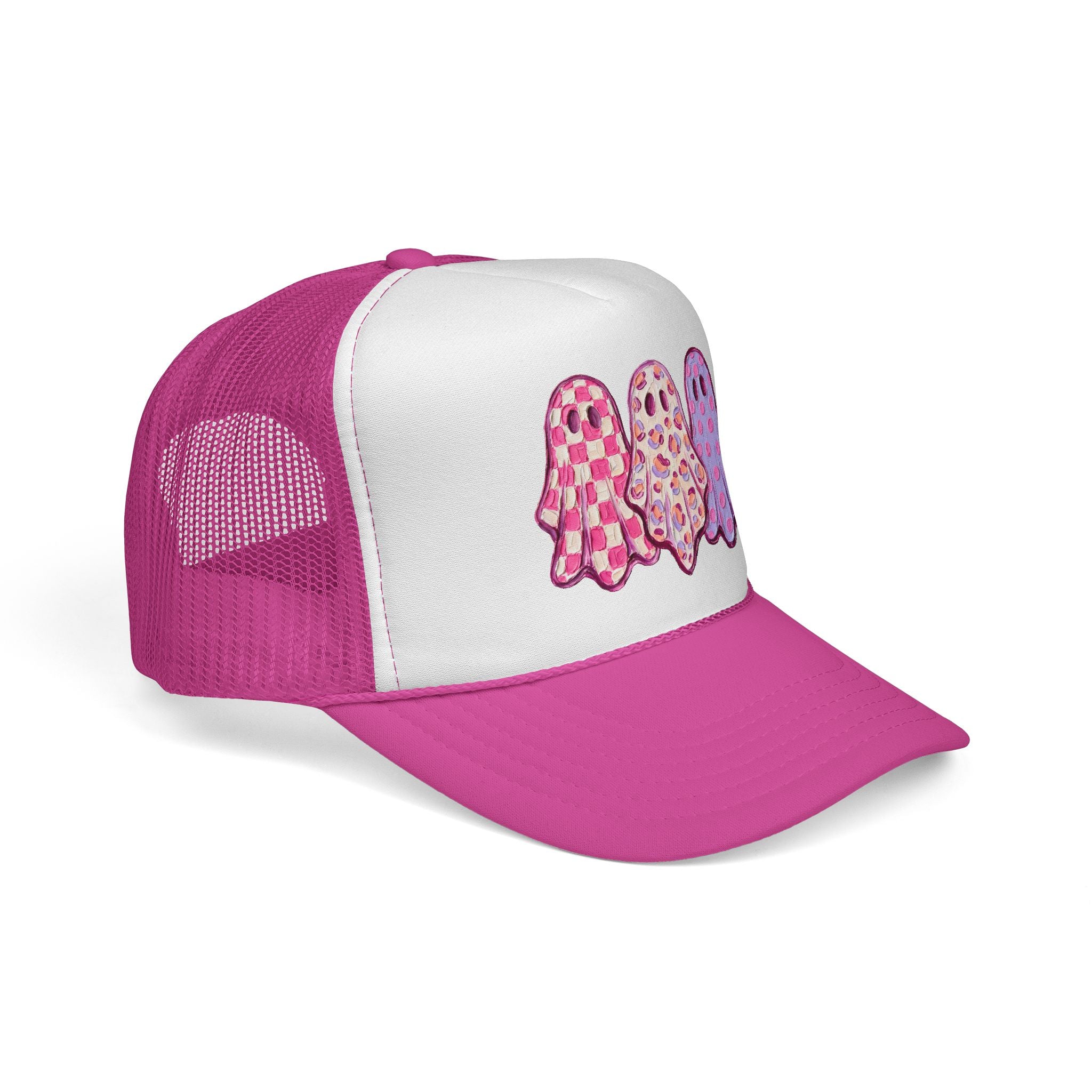 Pink Patterned Ghosts Trucker Cap – Cute Pastel Halloween Mesh Hat