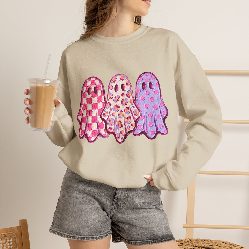 Pink Patterned Ghosts | Cute Halloween and Fall Crewneck Sweatshirt