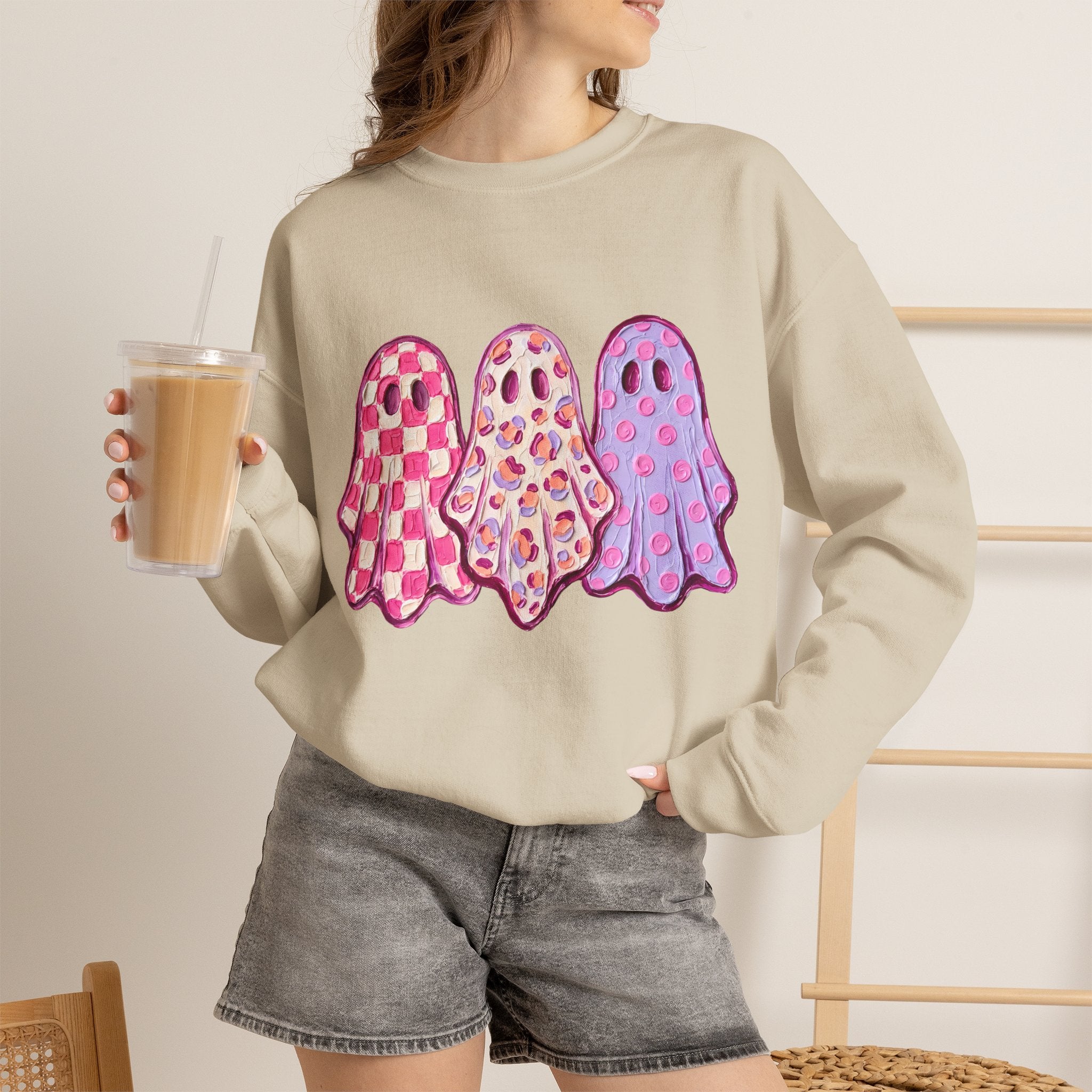 Pink Patterned Ghosts | Cute Halloween and Fall Crewneck Sweatshirt