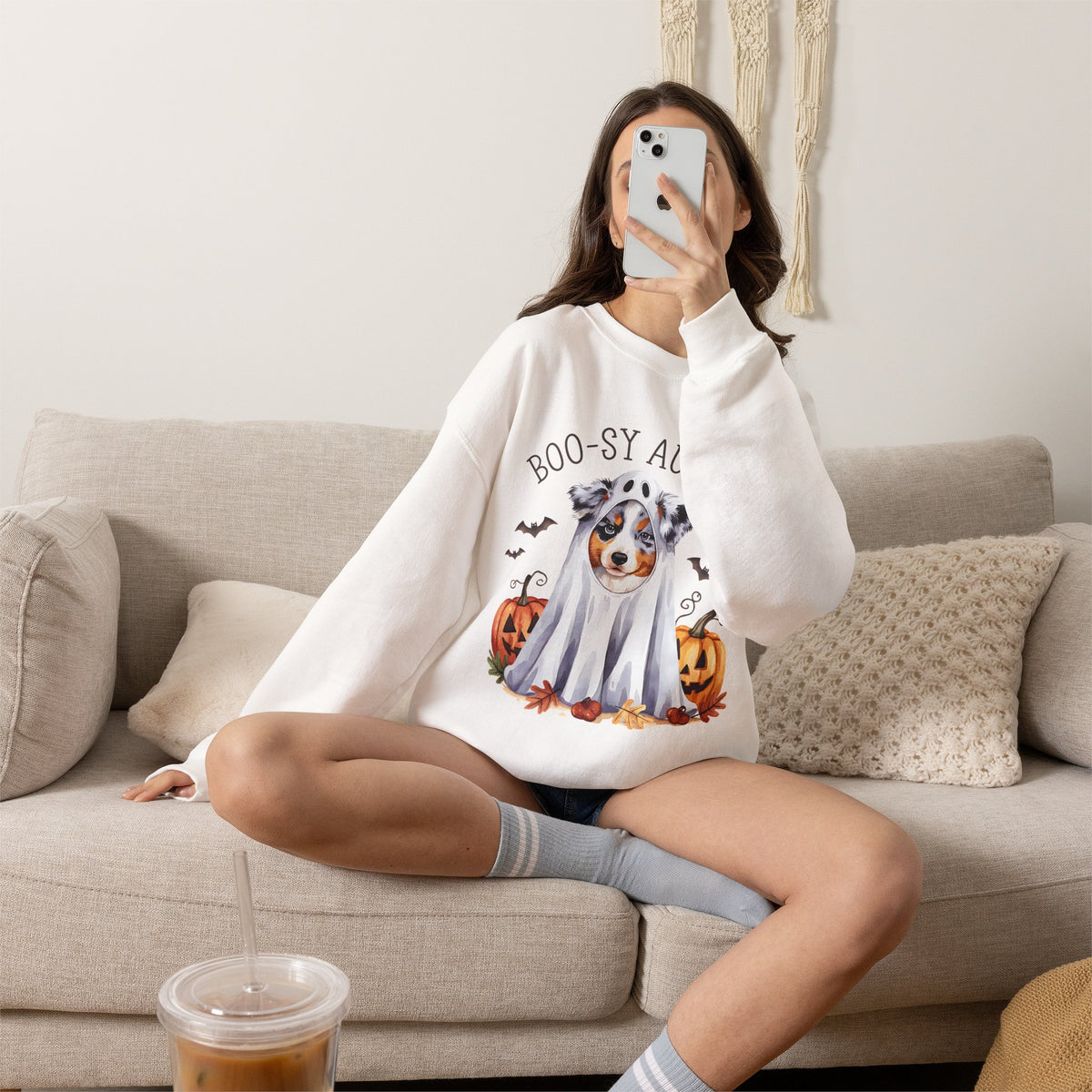 Boo-sy Aussie Ghost Dog Crewneck Sweatshirt | Halloween Aussie Shepherd
