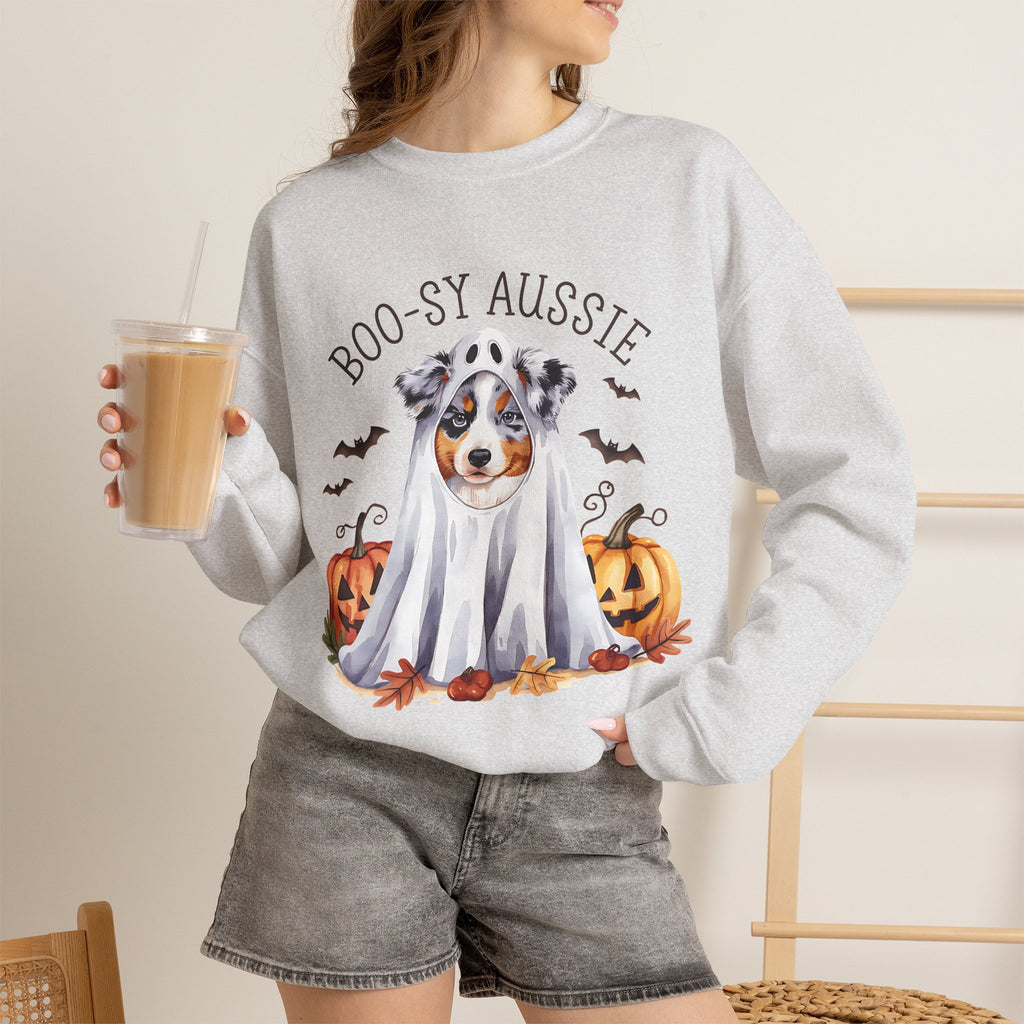 Boo-sy Aussie Ghost Dog Crewneck Sweatshirt | Halloween Aussie Shepherd
