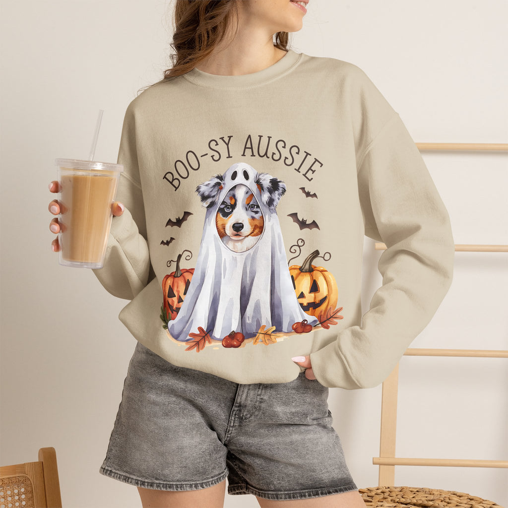 Boo-sy Aussie Ghost Dog Crewneck Sweatshirt | Halloween Aussie Shepherd