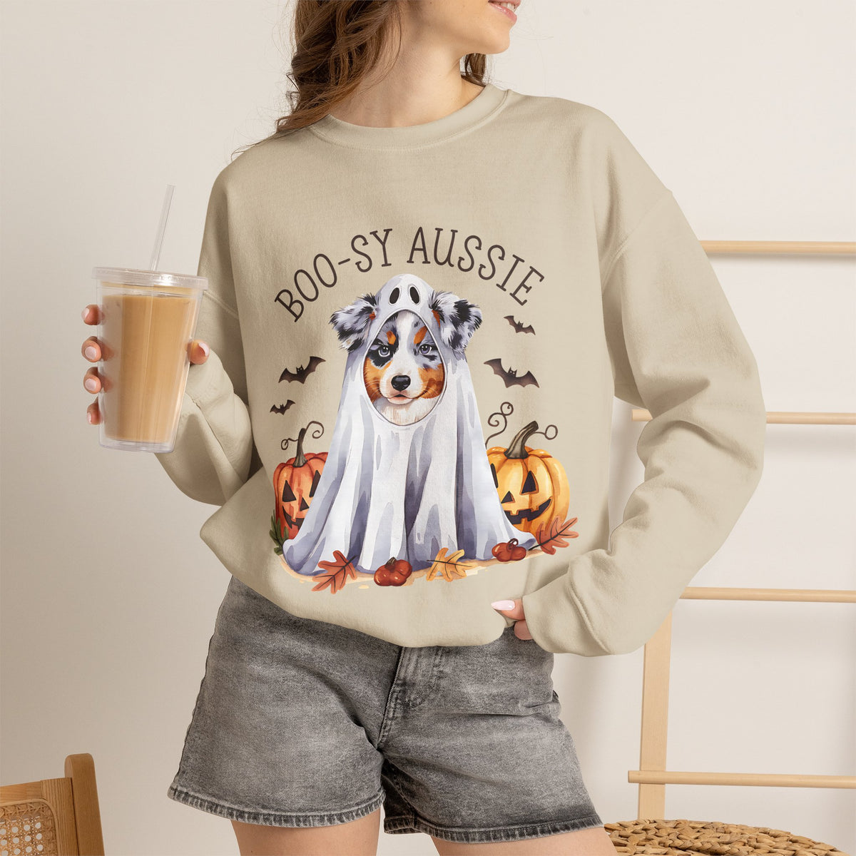 Boo-sy Aussie Ghost Dog Crewneck Sweatshirt | Halloween Aussie Shepherd