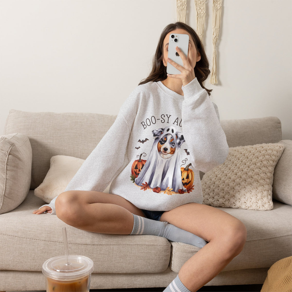 Boo-sy Aussie Ghost Dog Crewneck Sweatshirt | Halloween Aussie Shepherd