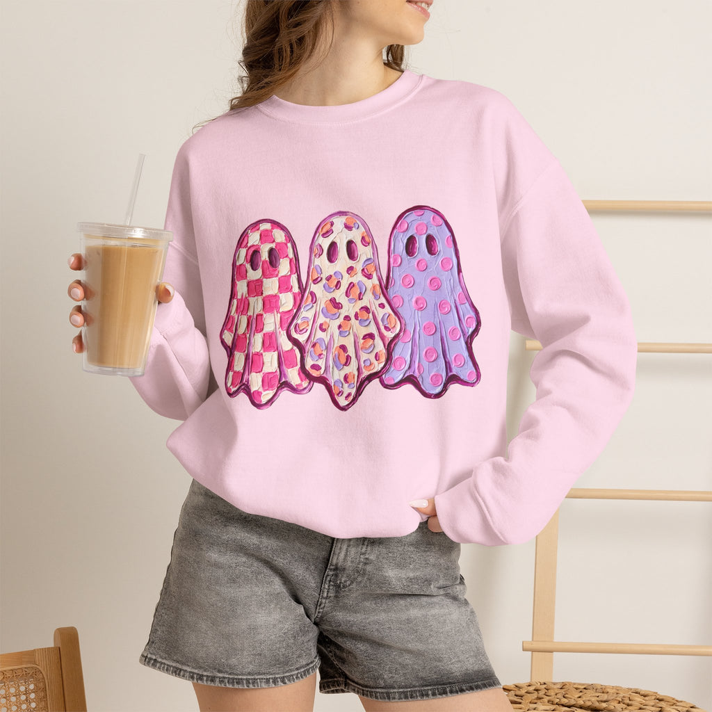 Pink Patterned Ghosts | Cute Halloween and Fall Crewneck Sweatshirt