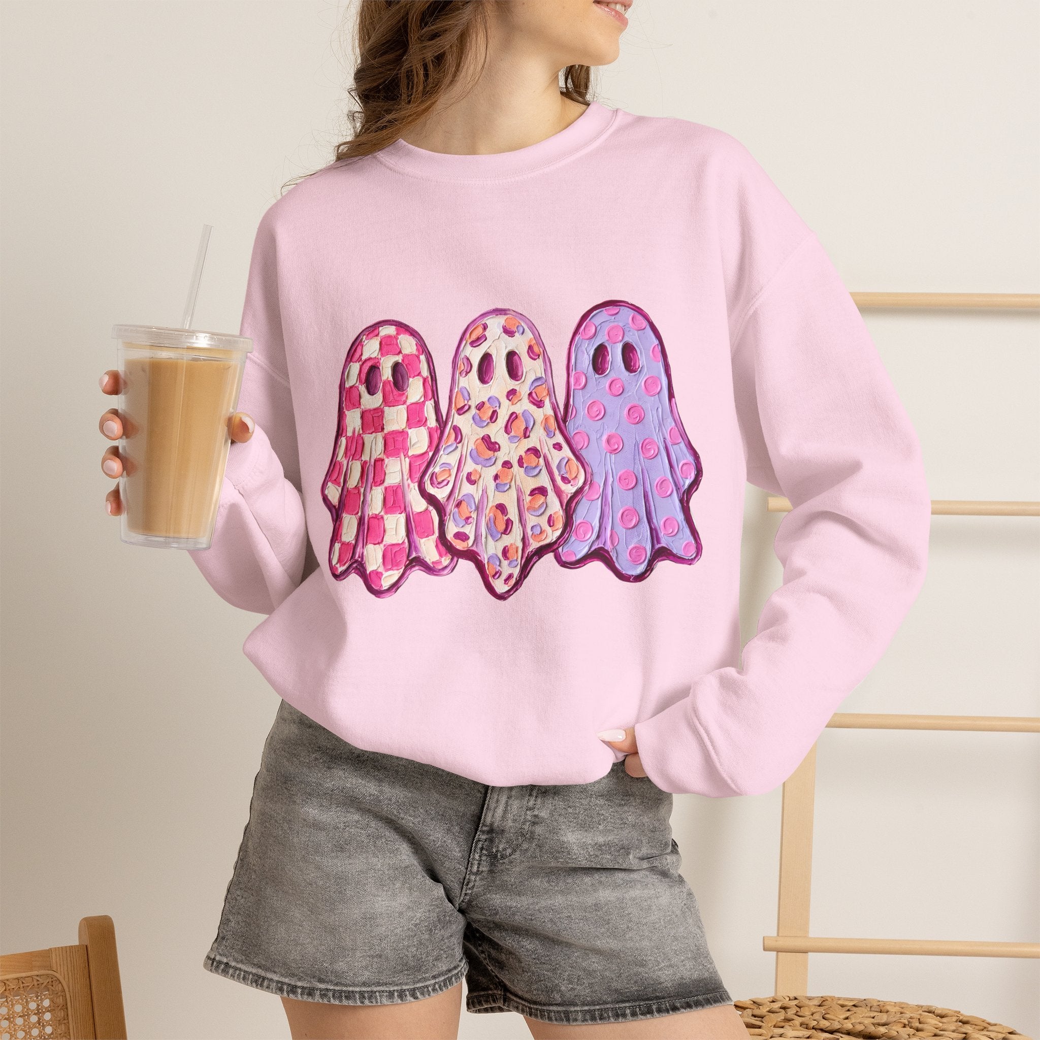 Pink Patterned Ghosts | Cute Halloween and Fall Crewneck Sweatshirt