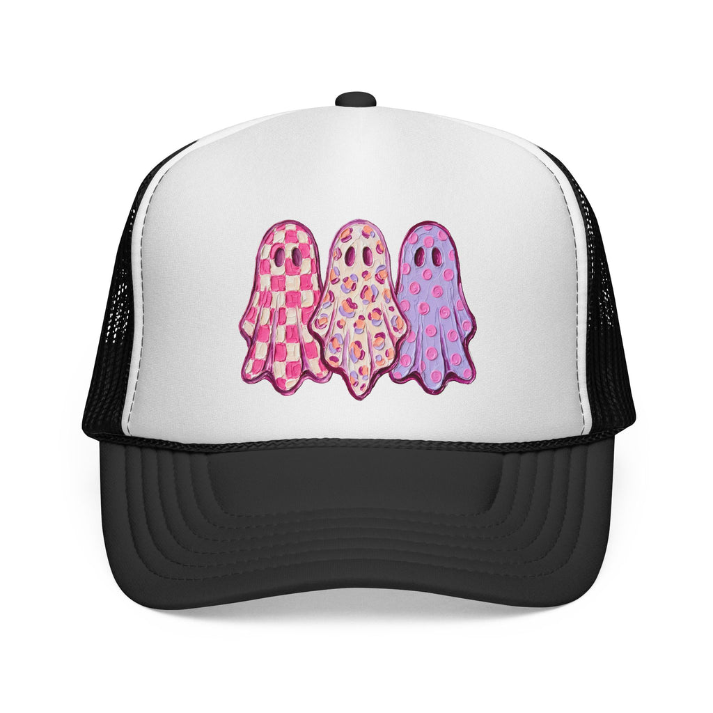 Pink Patterned Ghosts Trucker Cap – Cute Pastel Halloween Mesh Hat