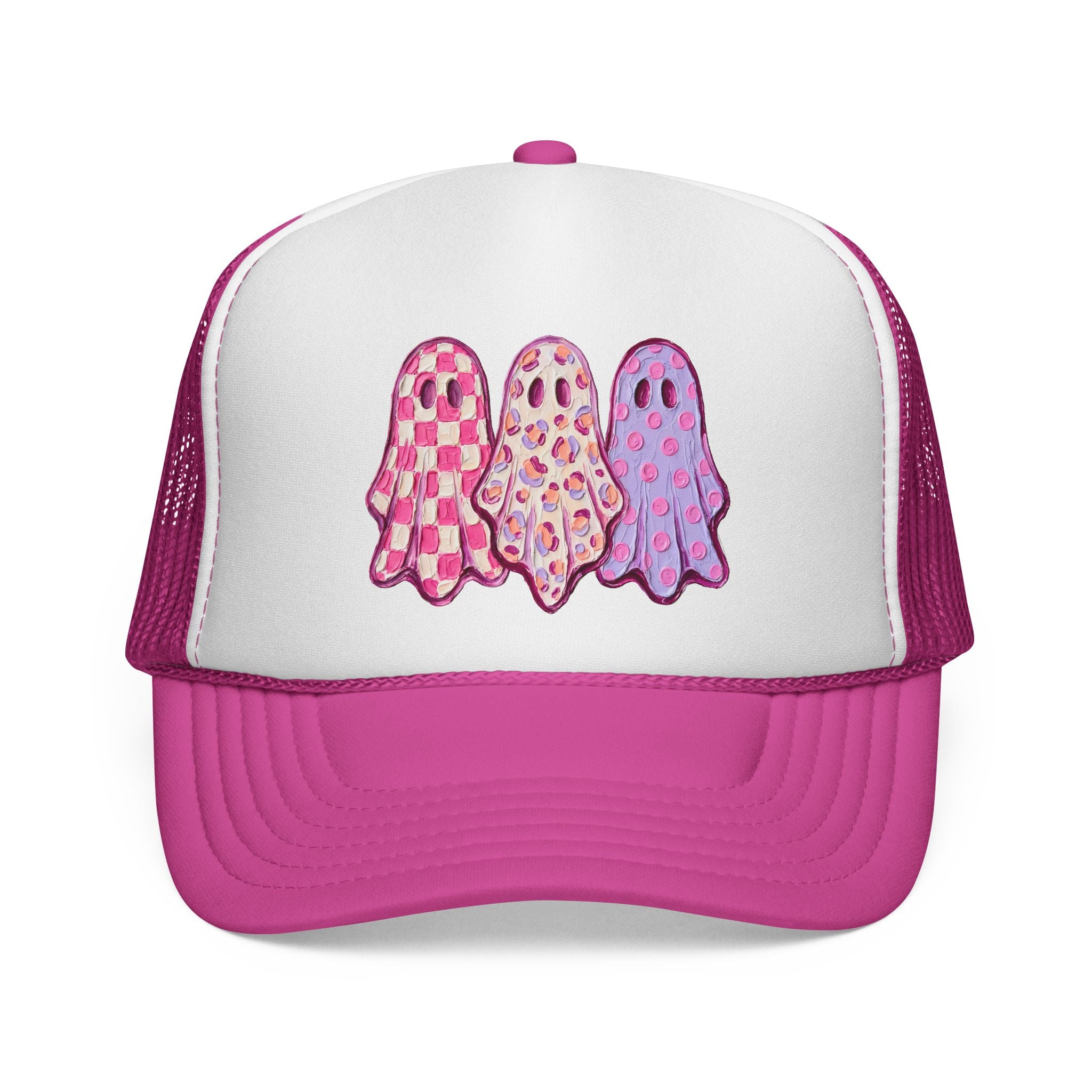 Pink Patterned Ghosts Trucker Cap – Cute Pastel Halloween Mesh Hat