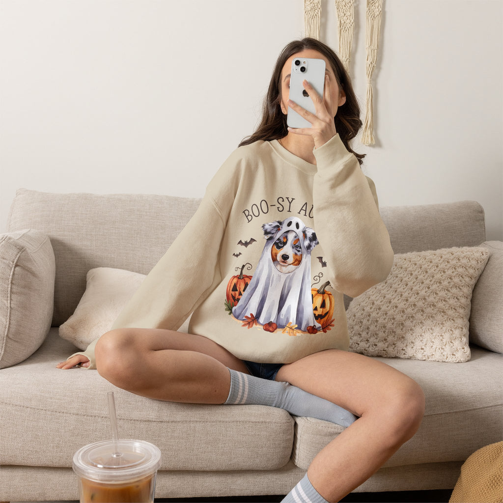 Boo-sy Aussie Ghost Dog Crewneck Sweatshirt | Halloween Aussie Shepherd