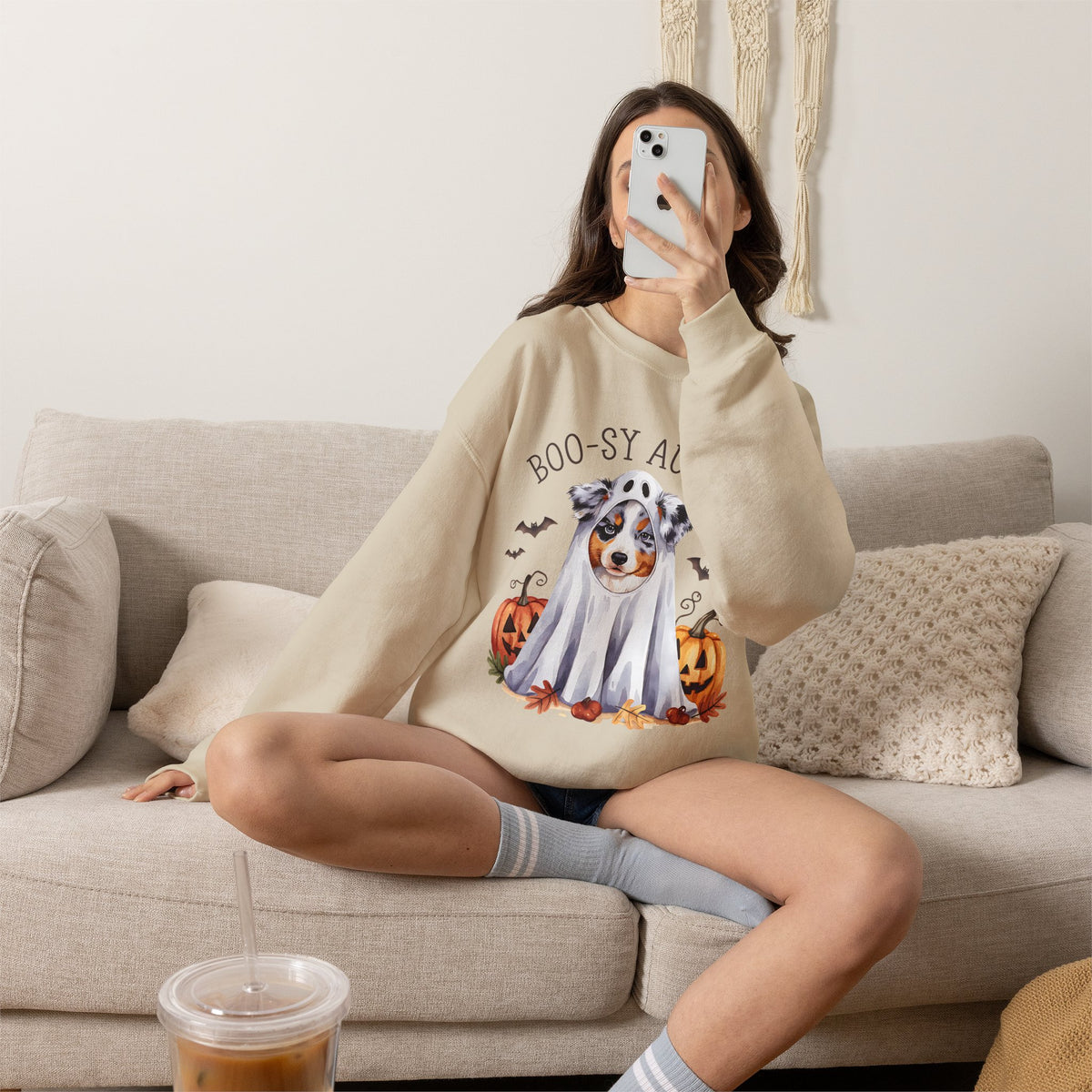 Boo-sy Aussie Ghost Dog Crewneck Sweatshirt | Halloween Aussie Shepherd
