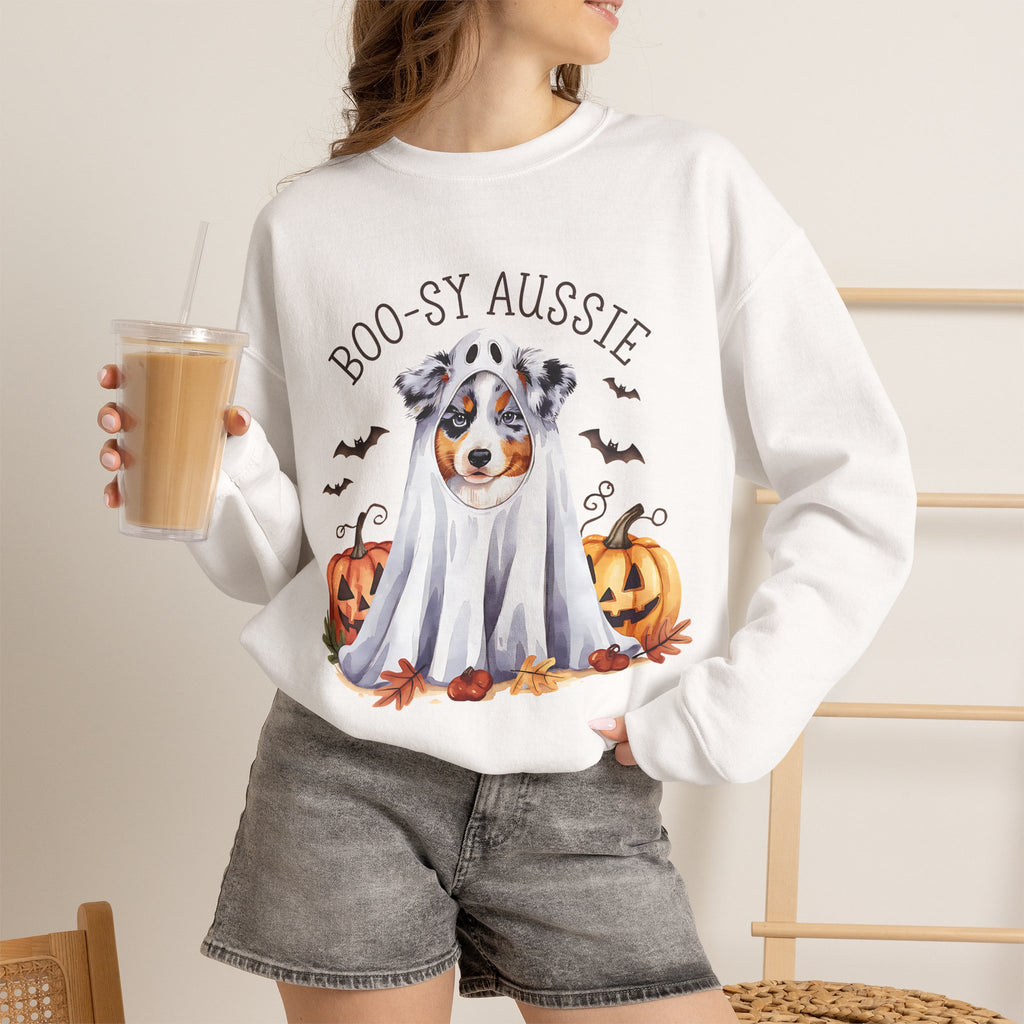 Boo-sy Aussie Ghost Dog Crewneck Sweatshirt | Halloween Aussie Shepherd