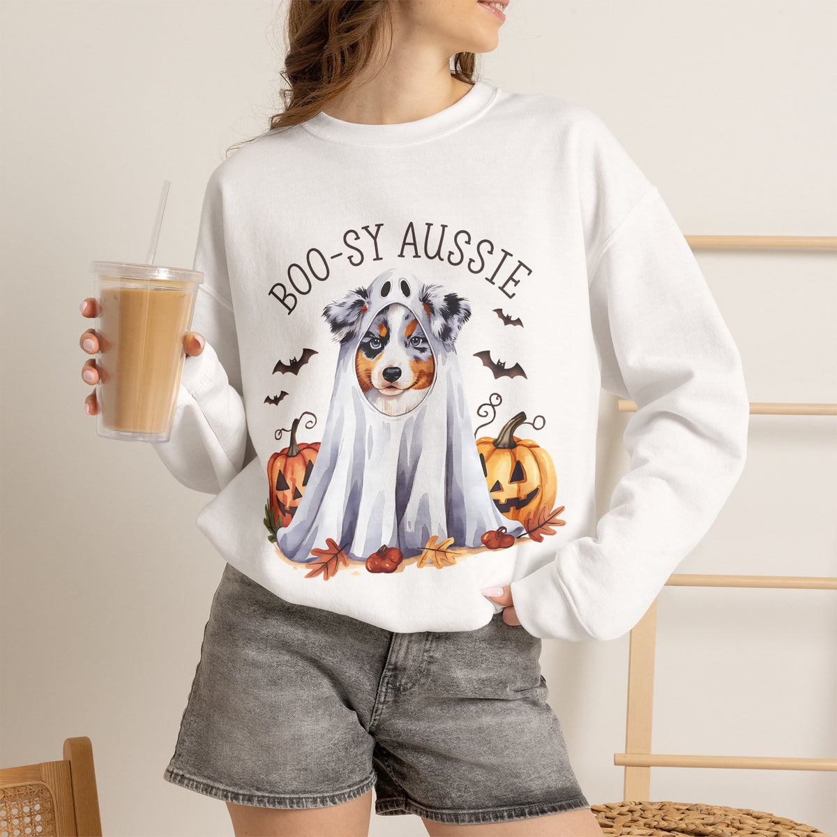 Boo-sy Aussie Ghost Dog Crewneck Sweatshirt | Halloween Aussie Shepherd