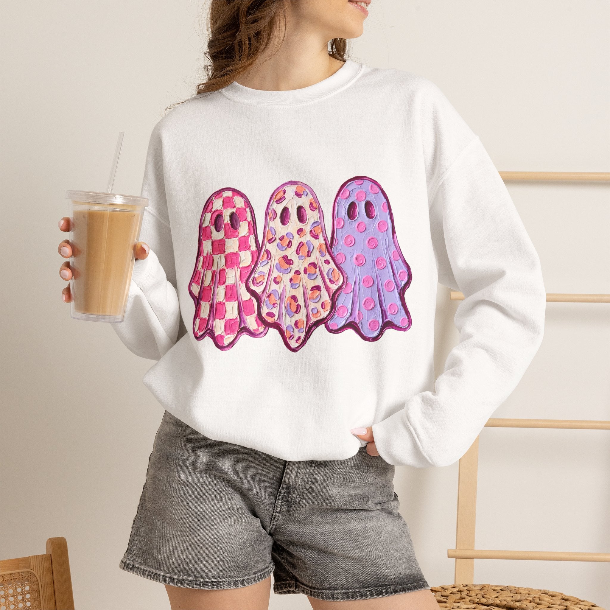 Pink Patterned Ghosts | Cute Halloween and Fall Crewneck Sweatshirt