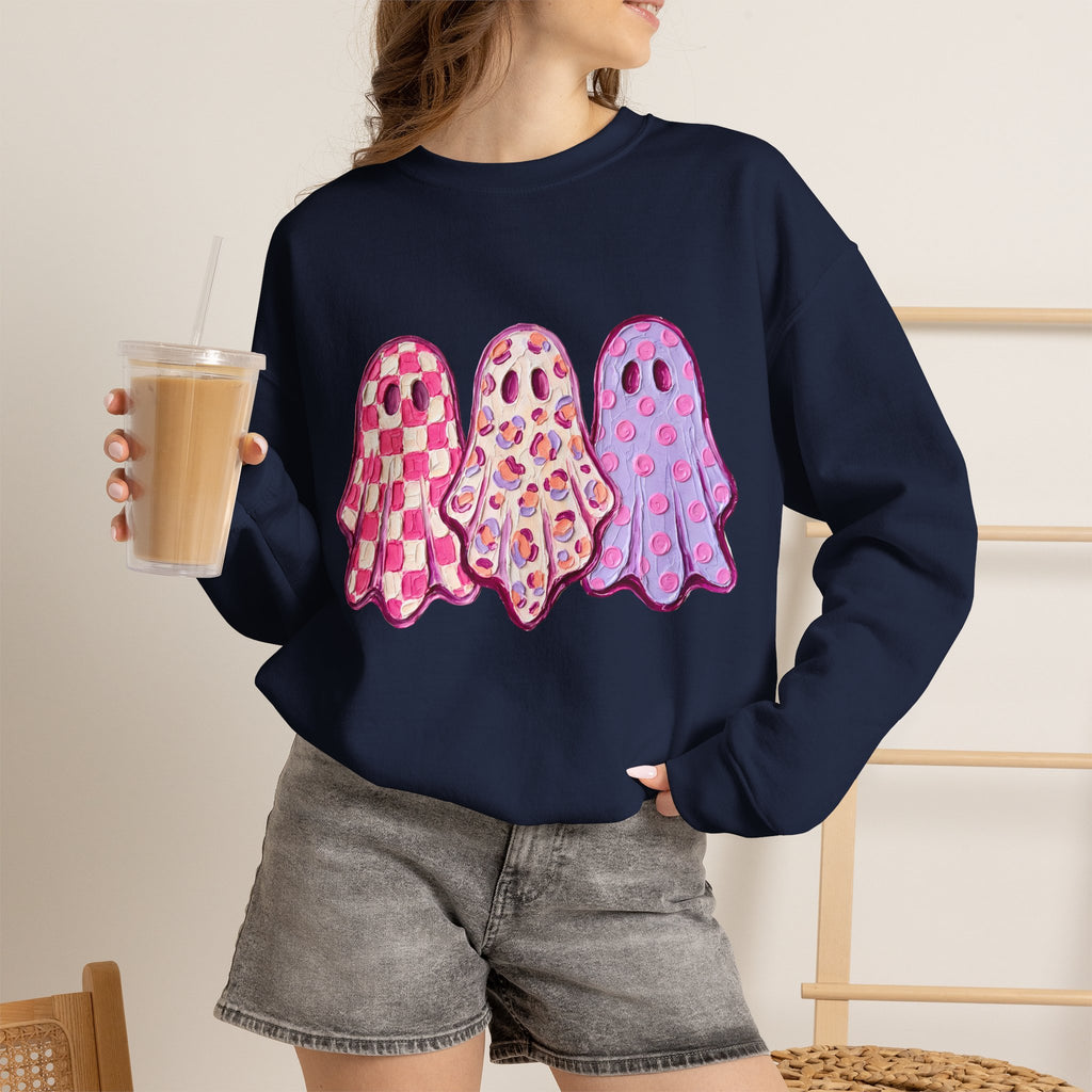 Pink Patterned Ghosts | Cute Halloween and Fall Crewneck Sweatshirt