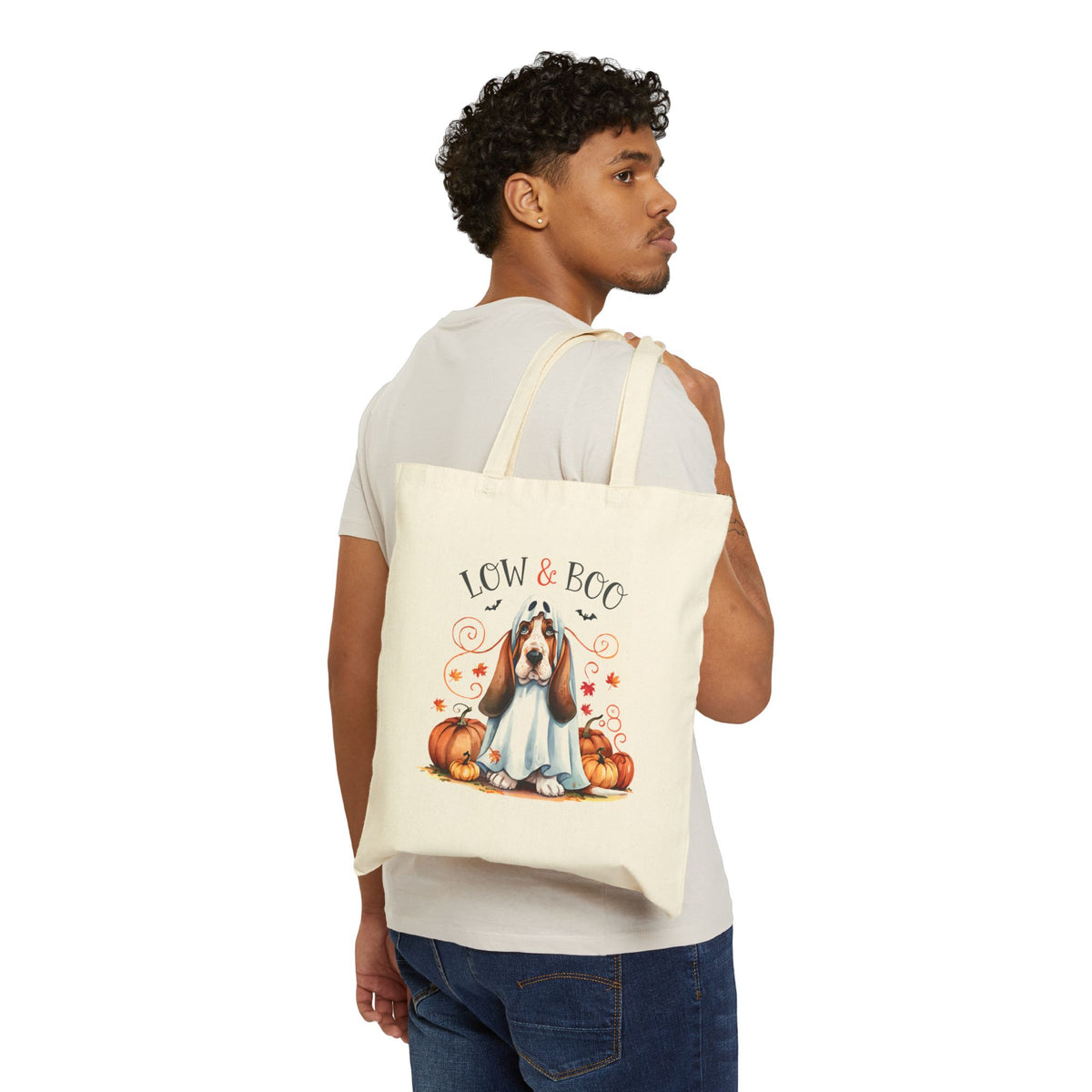 Halloween Basset Hound 'Low & Boo' Canvas Tote Bag